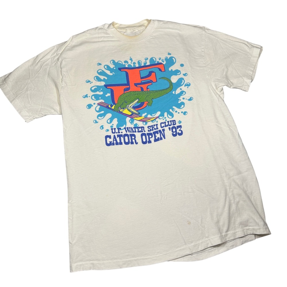 Vintage 1993 UF Water Ski Club Gator Open T-Shirt White 90s Florida Gators XL